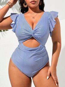Swim Lushoire Plus Size Striped And Printed V-Neck One-Piece Swimsuit With Twist Knot, Ruffles, And Pleats Summer
