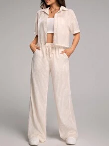 Flirla 條紋單排扣短袖襯衫和長褲套裝，夏季款 - 杏色 - 查看 3
