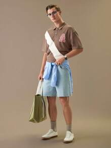 Manfinity VCAY Men's Loose Knitted Short Sleeve Polo Shirt With English Printed Pattern, College Style,Back To School - Multicolor - View 6