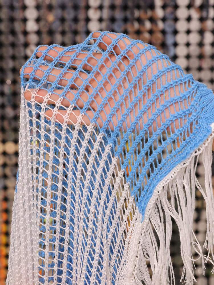 Women's Color-Block Crochet Fringe Hem Kimono Style Cover Up, Perfect For Summer, Beach, Vacation