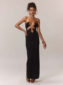 MUSERA 链条装饰长款连衣裙，90年代春季优雅度假伊比沙岛穿搭，假日夜店装扮长裙 - 黑色 - 查看 3