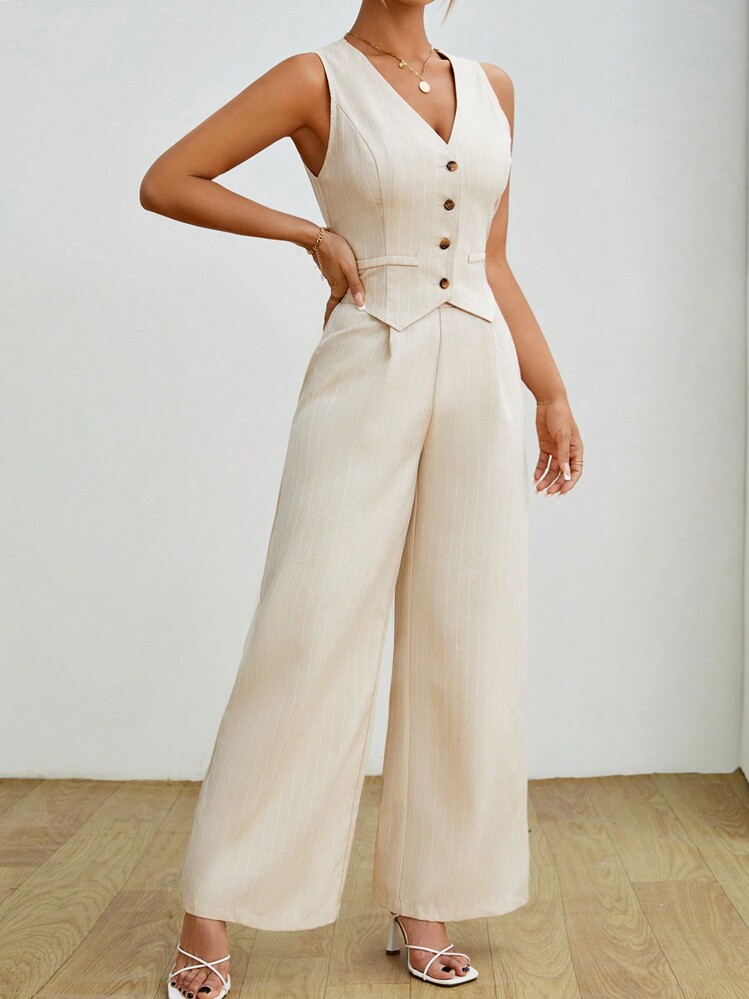 SHEIN PETITE Ladies' Striped Two-Piece Set Summer Vest Suit Two Pieces,Ladies Elegant Zipper Regular Fit Khaki Camisole Pants Women Two-Piece Outfits,Spring/Fall,Casual Daily Wear - Khaki - View 4