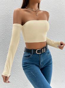 SHEIN PETITE Solid Off Shoulder Crop Off Shoulder Top - Apricot - View 5