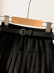 SHEIN 年輕女孩休閒通勤V領上衣和褶皺裙套裝，配有頸後扣環 - 黑色 - 查看 3