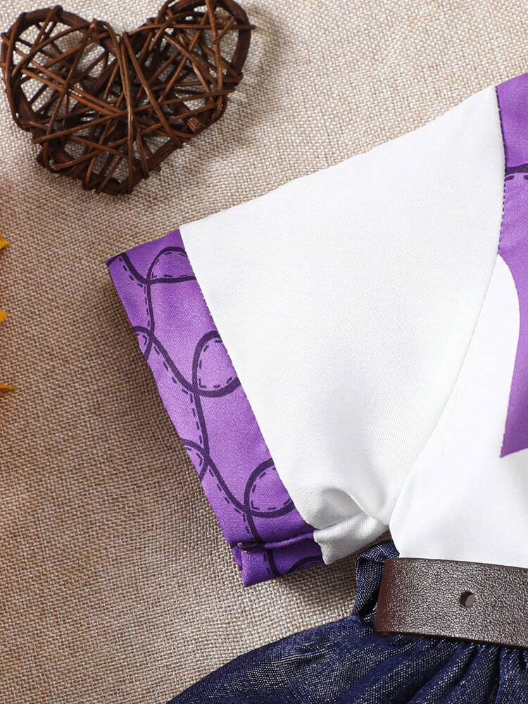 4pcs Western Cowboy Style Outfit Set Including Short Sleeve T-Shirt, Cowgirl Skirt, Denim Hat And Belt