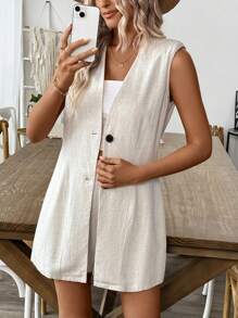 Pariaura 夏季實色翻領無袖背心和短褲套裝，2件套 - 白色 - 查看 6