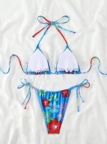 Conjunto de bikini sexy de mujer con estampado floral, cuello de halter con lazo, para vacaciones de verano