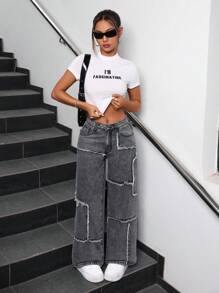 Rivivi 女士毛边斜插口袋休闲阔腿牛仔裤 - 黑色 - 查看 5