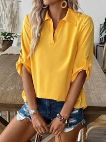 SHEIN LUNE Blusa amarilla de verano para mujer sin mangas con puño decorativo y cuello de camisa de 5 cm - Amarillo - Ver 1