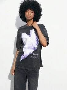 Maija 女士休闲印花T恤，适合返校季穿着，夏季蝴蝶标语印花圆领宽松短袖T恤，浪漫时尚，百搭；适合夏季度假，舒适，波西米亚风，沙滩装。 - 黑色 - 查看 6