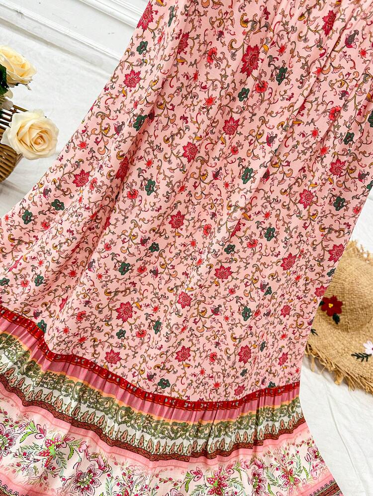 Women's Bohemian Style Music Festival Retro Floral Pink Backless Strap Dress For Vacation