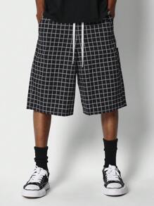 SUMWON Loose Fit Baggy Checked Cargo Short - Black and White - View 1
