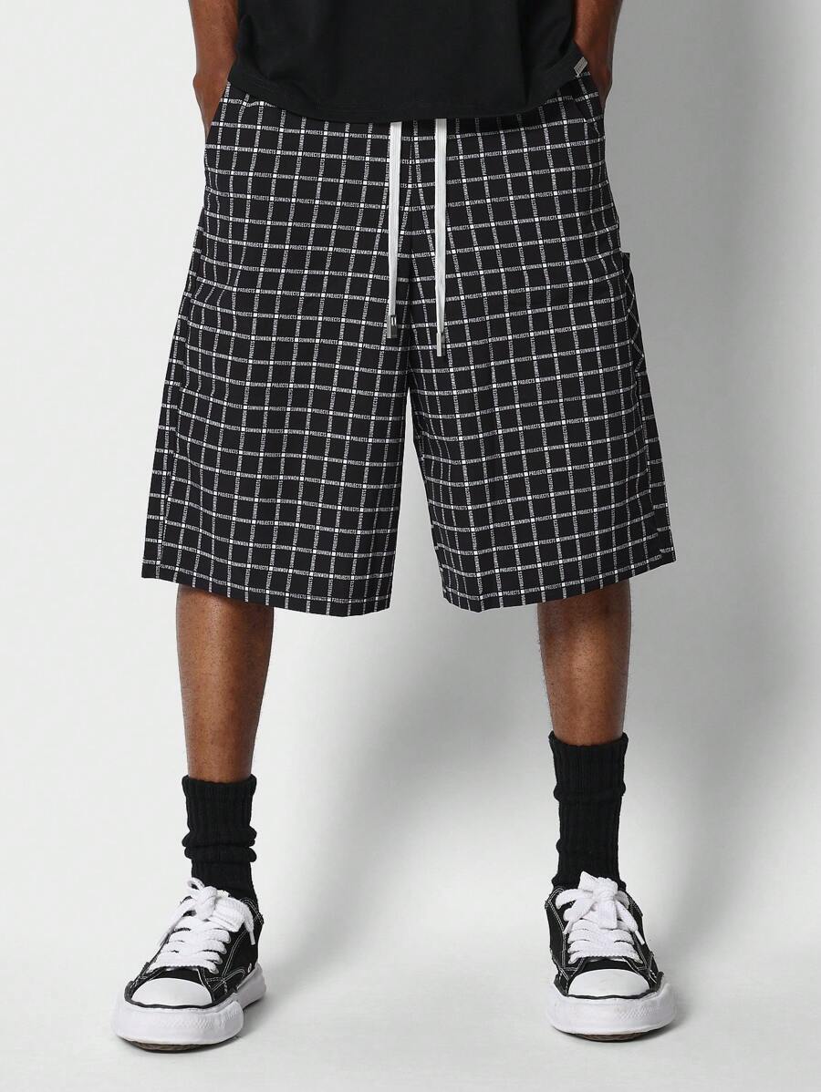 SUMWON Loose Fit Baggy Checked Cargo Short - Black and White - View 1