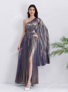 Women's Solid Color Metallic Fabric, Heavy Pleated Single Shoulder, Paired With Balloon Sleeves A-Line High-Low Hem Slit Dress, Suitable For Party/Wedding/Wedding Guest, Luxurious Evening Dresses For Women, Fall Women Clothes