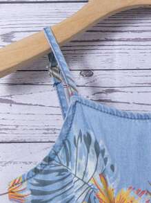 SHEIN Young Girl Blue Denim Effect Jumpsuit With Floral Pattern - Light Wash - View 3