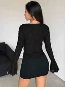 DAZY Damen Einfarbiges Spitzen-Trompetenärmel-Top für Ausgehen, Festivals, Sommer, Rüschen, Rückkehr zur Schule, Langarm Damen Tops, Valentinstag - Schwarz - Übersicht 3