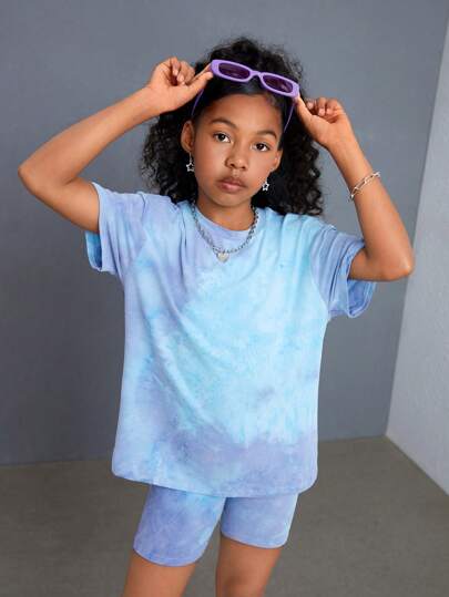 SHEIN Tween Girl Tie Dye Knit Crewneck Short Sleeve Top And Shorts Set For Casual Outing Summer Outfits
