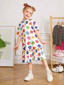 SHEIN Vestido casual de punto con cuello tipo polo, flores minúsculas y diseño holgado para niña joven