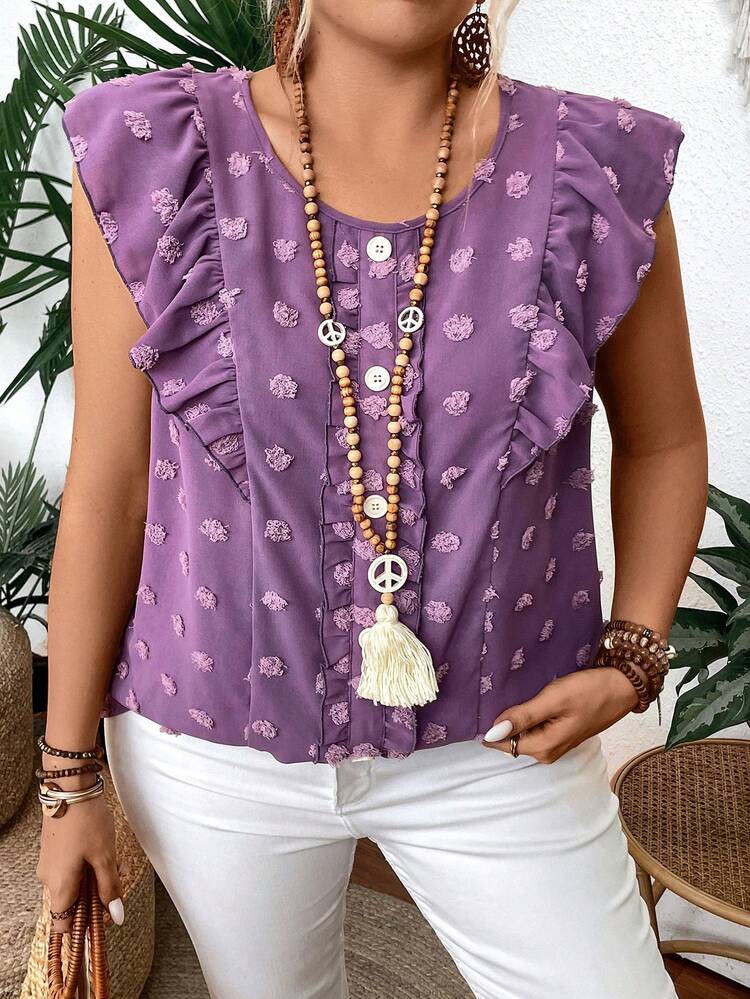 Plus Size Round Neck Ruffle Trim Casual Summer Shirt