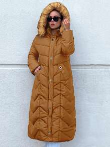 EURMUSE Solid Zip Up Fuzzy Trim Hooded Puffer Coat - Khaki - View 1