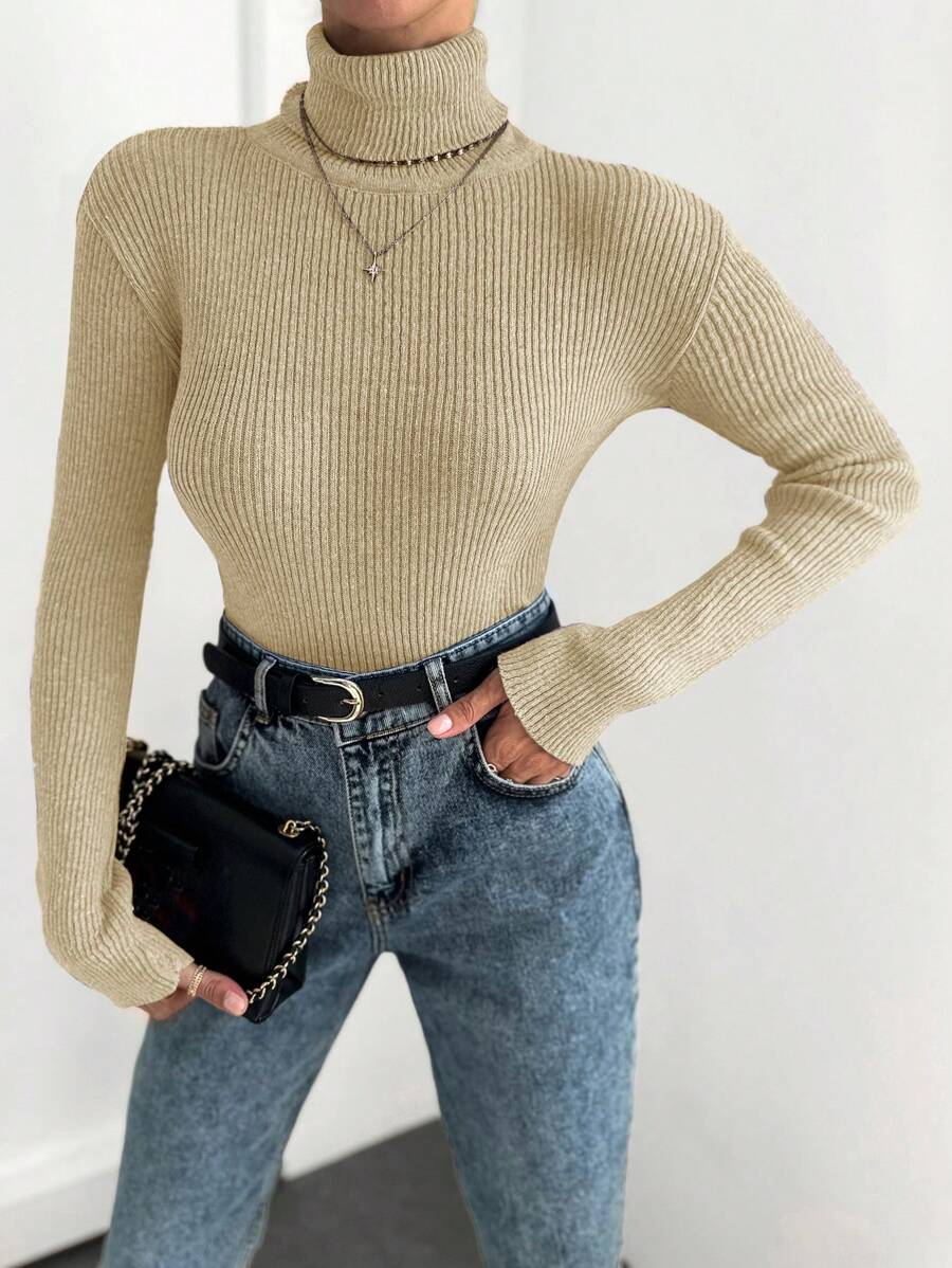 SHEIN Cottnline Turtleneck Ribbed Knit Sweater - Apricot - View 1