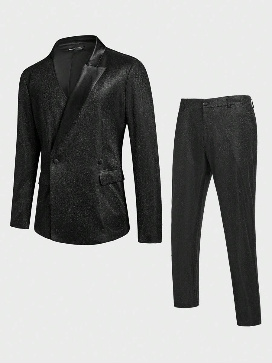 Manfinity VCAY 2 piezas Conjunto de playa para el Día del Padre, trajes hombre elegantes y casuales de ajuste slim para boda y fiesta - Negro - Ver 1