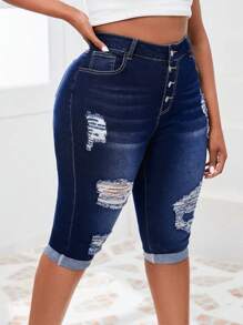 SHEIN SXY Plus Size Distressed Cropped Jeans With Frayed Hem And Whiskering - Navy Blue - View 2