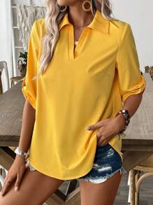SHEIN LUNE Blusa amarilla de verano para mujer sin mangas con puño decorativo y cuello de camisa de 5 cm - Amarillo - Ver 6