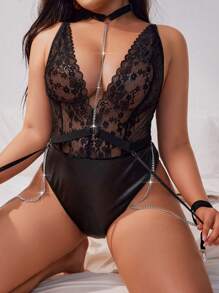 Plus Size Women's Solid Color Dark Punk Style Sexy Lingerie With Metal Chains