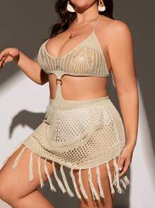 Plus Size Solid Color Hollow Out Summer Cover-Up With Halter & Spaghetti Straps