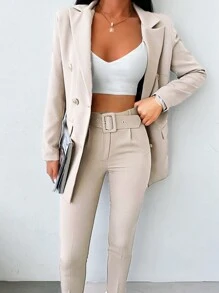 EURMUSE 雙排釦西裝外套&腰帶長褲 - 杏色 - 查看 5