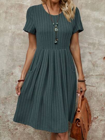 EMERY ROSE Women's Round-Neck Short-Sleeve Military Green Mid-Length Dress For The Summer