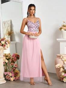 SHEIN Belle Váy lưới đính sequin thời trang mùa hè xẻ tà và dây mảnh - Bụi hồng - Xem 6