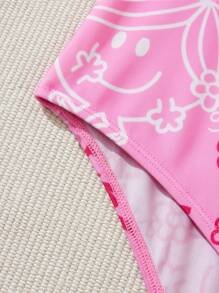 Mr Men Little Miss X SHEIN 大尺碼V領荷葉邊卡通圖案和字母圖形連體泳衣，夏季沙灘 - 彩色 - 查看 3