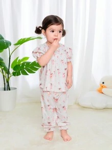 SHEIN Baby Girl Cartoon Patterned Puff Sleeve Top With Elastic Waistband Pants Homewear Set For Spring/Summer - Multicolor - View 3