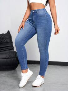 SHEIN Essnce Women's Tight-Fit Jeans For Daily Casual Wear With Pockets - Light Wash - View 4