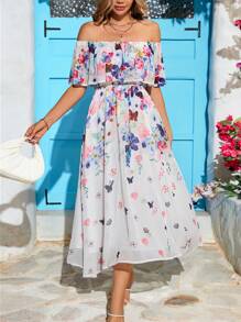 SHEIN Unity 女士雪紡印花露肩連衣裙 - 彩色 - 查看 3