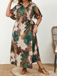 Modelyn Vestido largo de verano con estampado de teñido anudado de talle alto con volantes en las mangas cortas para mujeres de talla grande, vestido de noche largo para mujer
