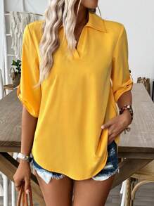 SHEIN LUNE Blusa amarilla de verano para mujer sin mangas con puño decorativo y cuello de camisa de 5 cm - Amarillo - Ver 3