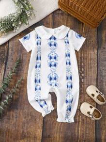 Baby Girl Casual Flower Printed Short Sleeve Jumpsuit, Summer - Blue and White - View 1