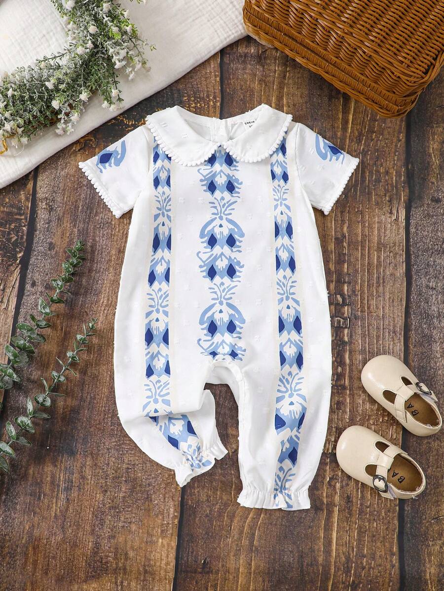 Baby Girl Casual Flower Printed Short Sleeve Jumpsuit, Summer - Blue and White - View 1