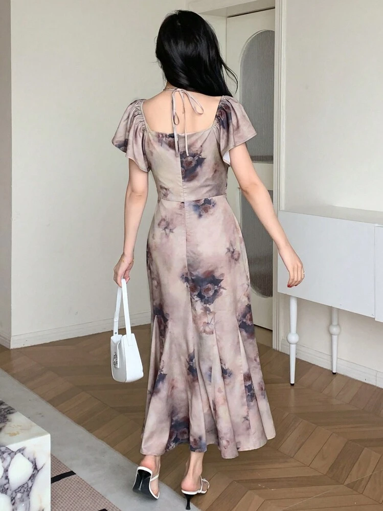 DAZY Women's Floral Printed Square Neck Ruffle Hem Summer Dress Sundress Easter Maxi Dress - Blue - View 5