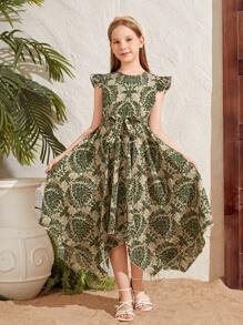 Tween Girl Vacation Style Round Neck Cap Sleeve Dress With Asymmetrical Hemline, Knee-Length - Green - View 4