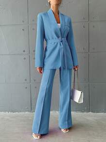 EURMUSE 女式純色簡約日常套裝 - 淺藍色 - 查看 5