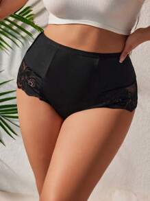 SHEIN 纯色对比蕾丝大码内裤性感内衣，一体式 - 黑色 - 查看 3