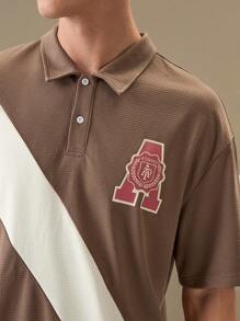 Manfinity VCAY Men's Loose Knitted Short Sleeve Polo Shirt With English Printed Pattern, College Style,Back To School - Multicolor - View 2