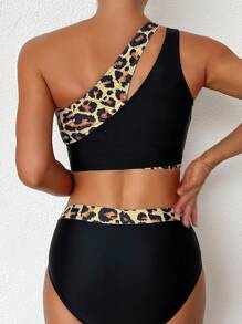 SHEIN Swim 女士不對稱領口豹紋露肩上衣和對比色底部比基尼套裝，適用於夏季沙灘泳池派對 - 彩色 - 查看 2