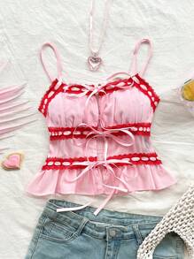 Soleia WYWH Women Pink Mix Red Lace-Up Halterneck Top With Ruffle Hem For Vacation