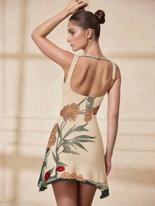 Women's Floral Print Asymmetric Hem Sleeveless Dress - White - View 2