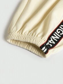 SHEIN EZwear 女式字母印花條紋捆綁口袋休閒運動長褲，配有條紋罩邊綁帶和插口袋 - 米色 - 查看 7